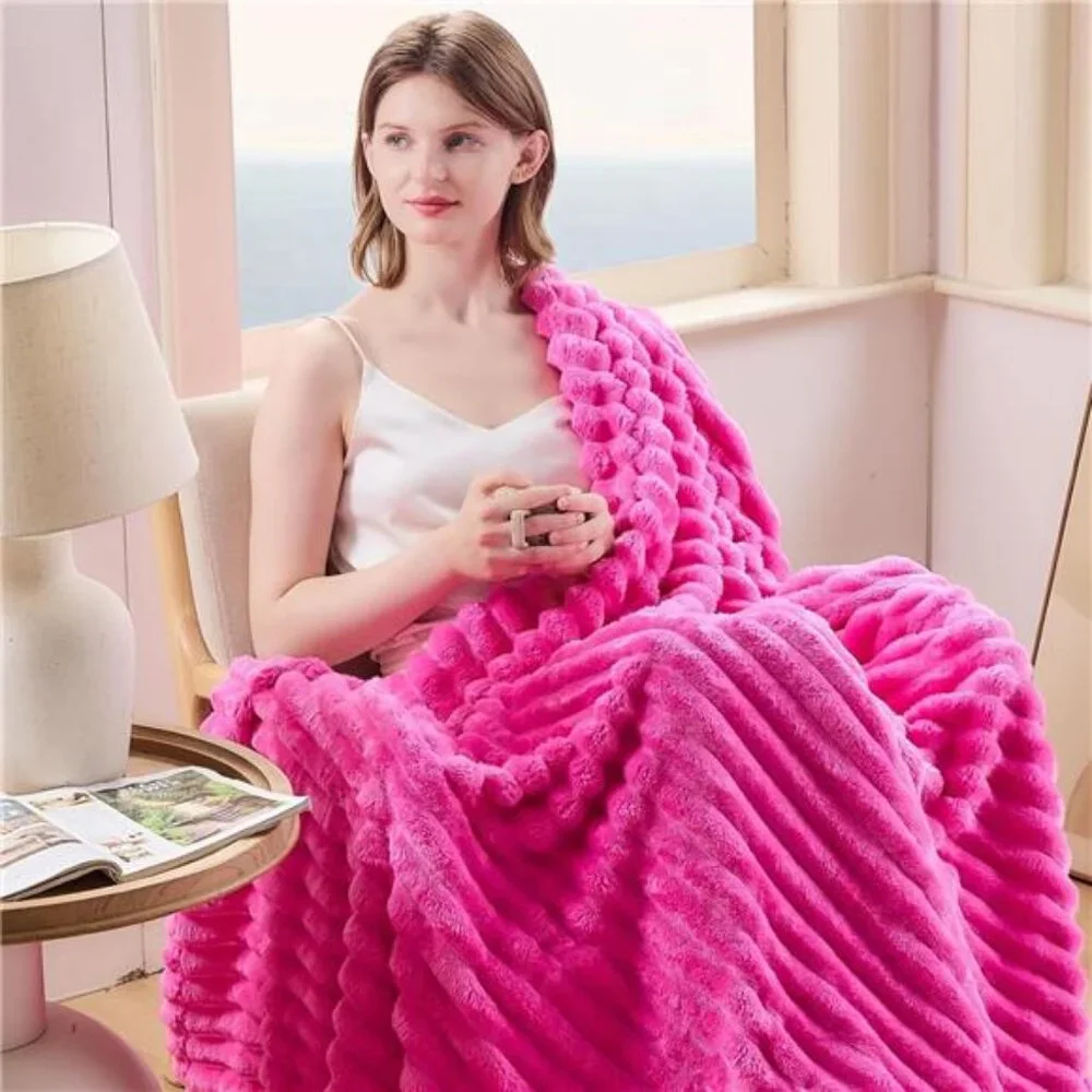 Super Soft Throw Blanket Hot Pink Ribbed Premium Silky Flannel Fleece 50